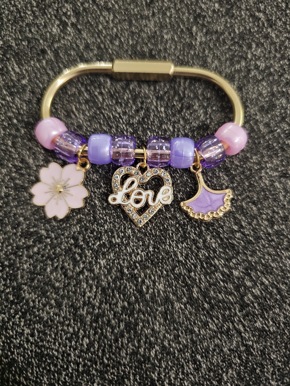 Gold Tone Purple & Pink Charm For Handbag with 'Love' Heart Pendant